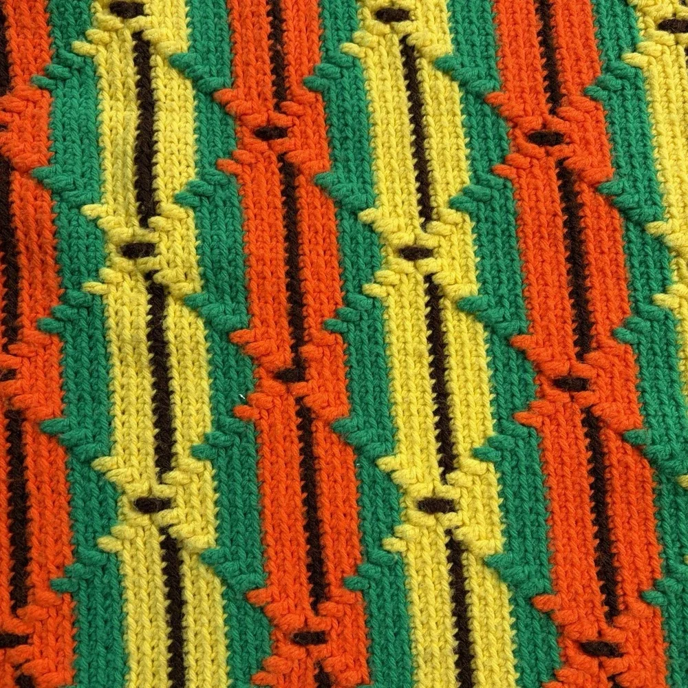 70s Vtg Diamond‎ Crochet Knitted Afghan Blanket Brown Orange Retro Handmade